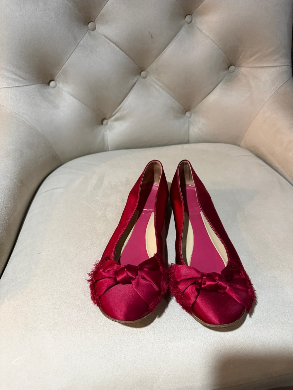 kate spade Red Satin Bow Flats with Feather Trim